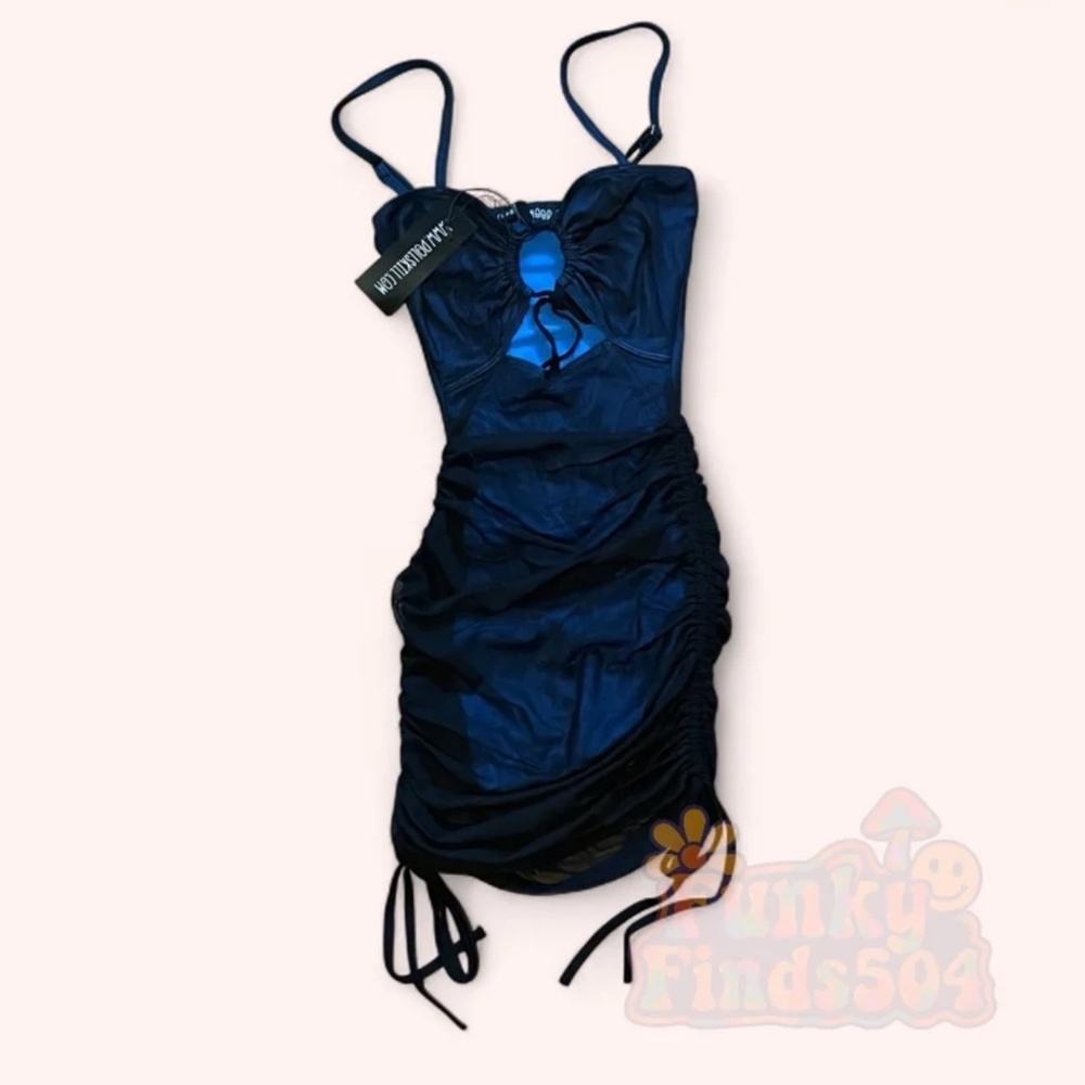 Current Mood XXS Edgy Club Blue Black Mesh Cutout Ruched Bodycon Mini Dress NWT